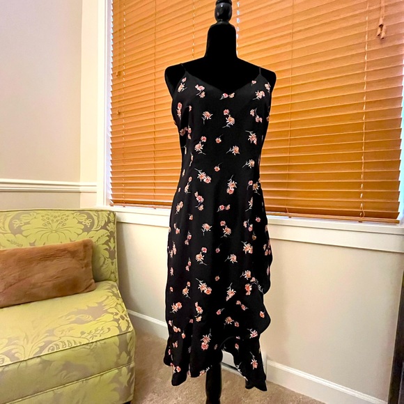 Midi length black dress with small red floral pattern by BB Dakota. - Picture 2 of 5